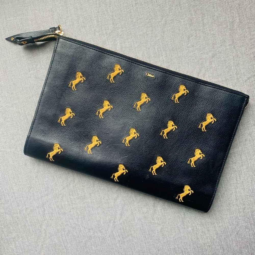 Chloé Blue Horse Embroidered Leather Clutch